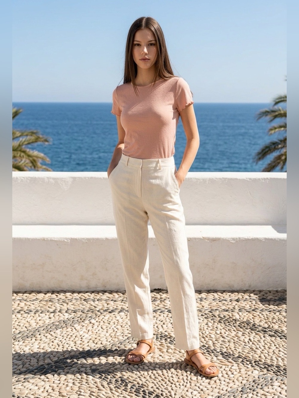 New Look Peach Short Sleeve Tee With Ruffle Edge Detail